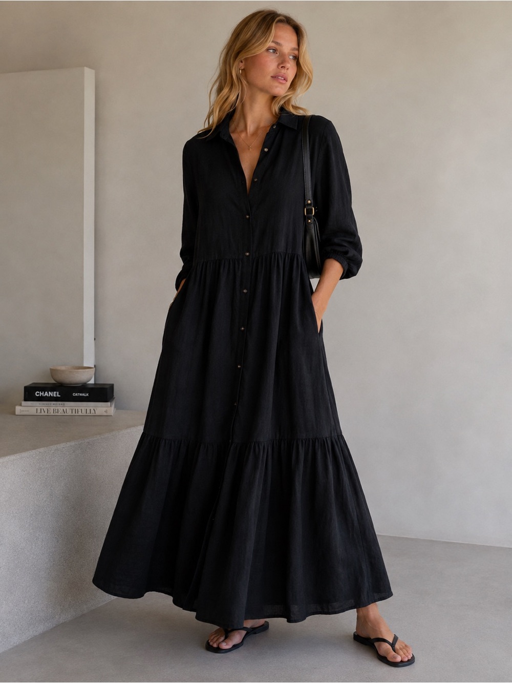 NWT Joie Linen Maxi Dress Button Down Full Skirt Black Oversized S